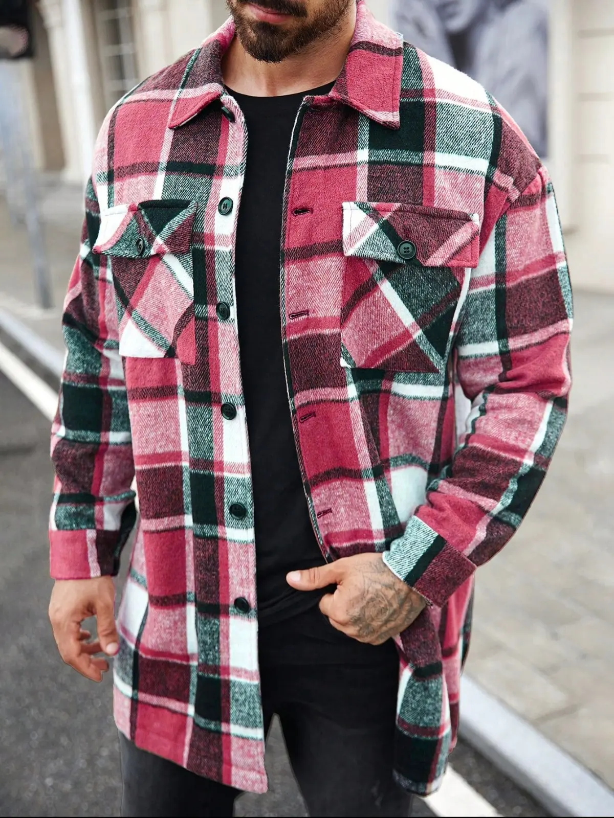 KZZ Men's plaid check long coat, with a buttoned lapel, loose fit, front button pockets, suitable for daily wear in autumn and winter, comfortable and warm, men's trench coat, autumn and winter. christmas gifts for him