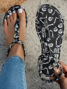 Dark Skull Print Toe Ring Sandals for Women, Summer Flat Thong Slides, Trendy Outdoor Beach Slippers, Footwear for Beach