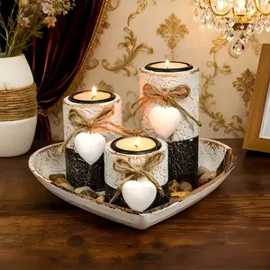 Wooden Candlestick Set, Heart Tray & Tea Wax Holder, Vintage Candle Stand, Rustic Style with Braided Rope Knots, Perfect for Easter Mother's Day, Home Decor