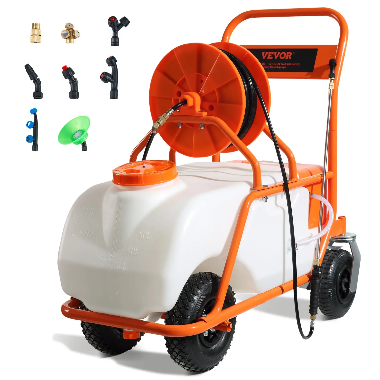 【Summerfinds】VEVOR Battery Powered Lawn Sprayer on Wheel 0-90 PSI Adjustable Pressure15 Gallon TankCart Sprayer with 8 Nozzles and 2 Wands12V 12Ah BatteryWide Mouth Lid for WeedingSpraying