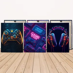 3 Counts Wooden Framed Canvas, Neon Gaming Controller Headphones Poster Images, Exquisite Poster, Perfect Living Room Decoration, Modern Art, Fashion Family Poster, Wall Art Decoration, Waterproof Art