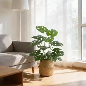 OUTGOODS 2 Pack Artificial Monstera Plant with Decorative Black Pot & Woven Basket, 44" Tall Large Fake Monstera Tree, Faux Plants Indoor for Living Room, Office, Home Decor