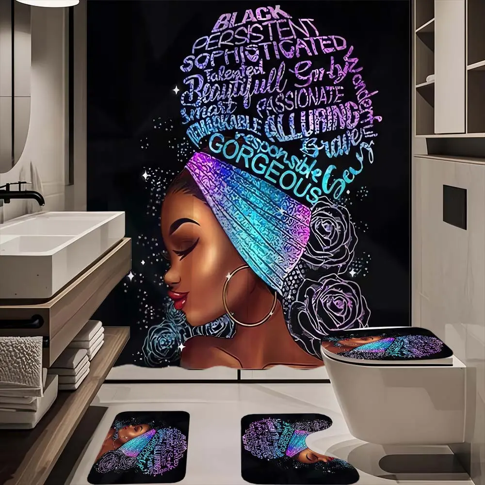 4pc Beautiful Black Girl Pattern Bathroom Set, The 4-piece set includes a single shower curtain, anti slip floor mat, toilet U-shaped mat, toilet lid mat, with shower curtain hook, and belongs to bathroom decoration products
