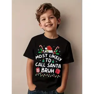 Boys' Funny Christmas T-Shirt "Most Likely to Call Santa I've Been Naughty", Short Sleeve White Kids Tee with Santa & Elves Print, North Pole Sleigh Design, Breathable Casual Holiday Party Outfit, Gift Idea for Boys, Machine Washable