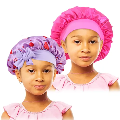 2PCS/LOT Kids Satin Bonnet Sleep Hat Bow Adjust Girls Boys Night Sleep Cap Flower Printed Shower Cap