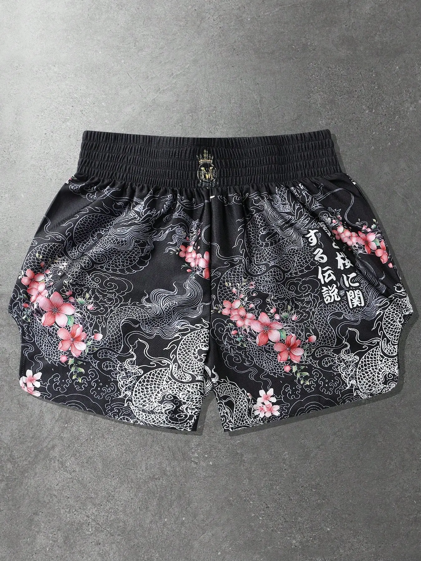 1 Piece Men's Martial Arts Training Shorts, Japanese Dragon And Sakura Floral Print With Kanji Text, Elastic Waistband, For Muay Thai, MMA And Boxing Practice, Athletic Sports Shorts, Stretch Shorts, Athletic Shorts, Graphic Fitness Shorts, Sporty Shorts