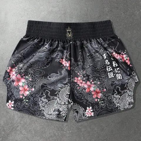 1 Piece Men's Martial Arts Training Shorts, Japanese Dragon And Sakura Floral Print With Kanji Text, Elastic Waistband, For Muay Thai, MMA And Boxing Practice, Athletic Sports Shorts, Stretch Shorts, Stretchy Shorts, Graphic Fitness Shorts
