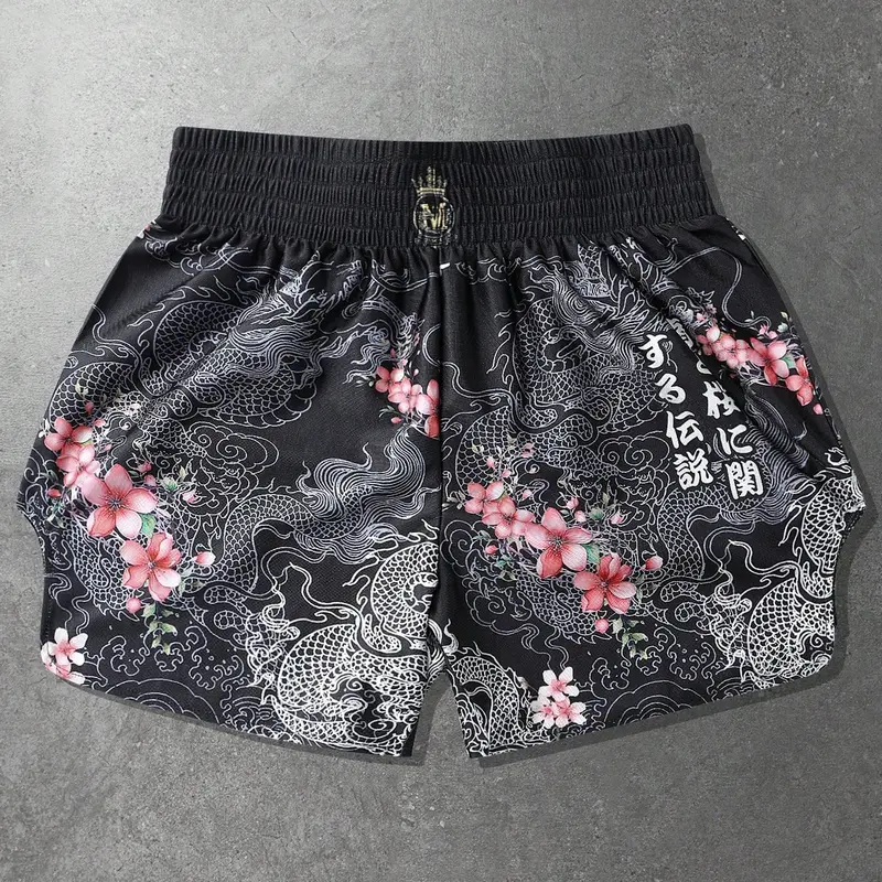 1 Piece Men's Martial Arts Training Shorts, Japanese Dragon And Sakura Floral Print With Kanji Text, Elastic Waistband, For Muay Thai, MMA And Boxing Practice, Athletic Sports Shorts, Stretch Shorts, Stretchy Shorts, Graphic Fitness Shorts