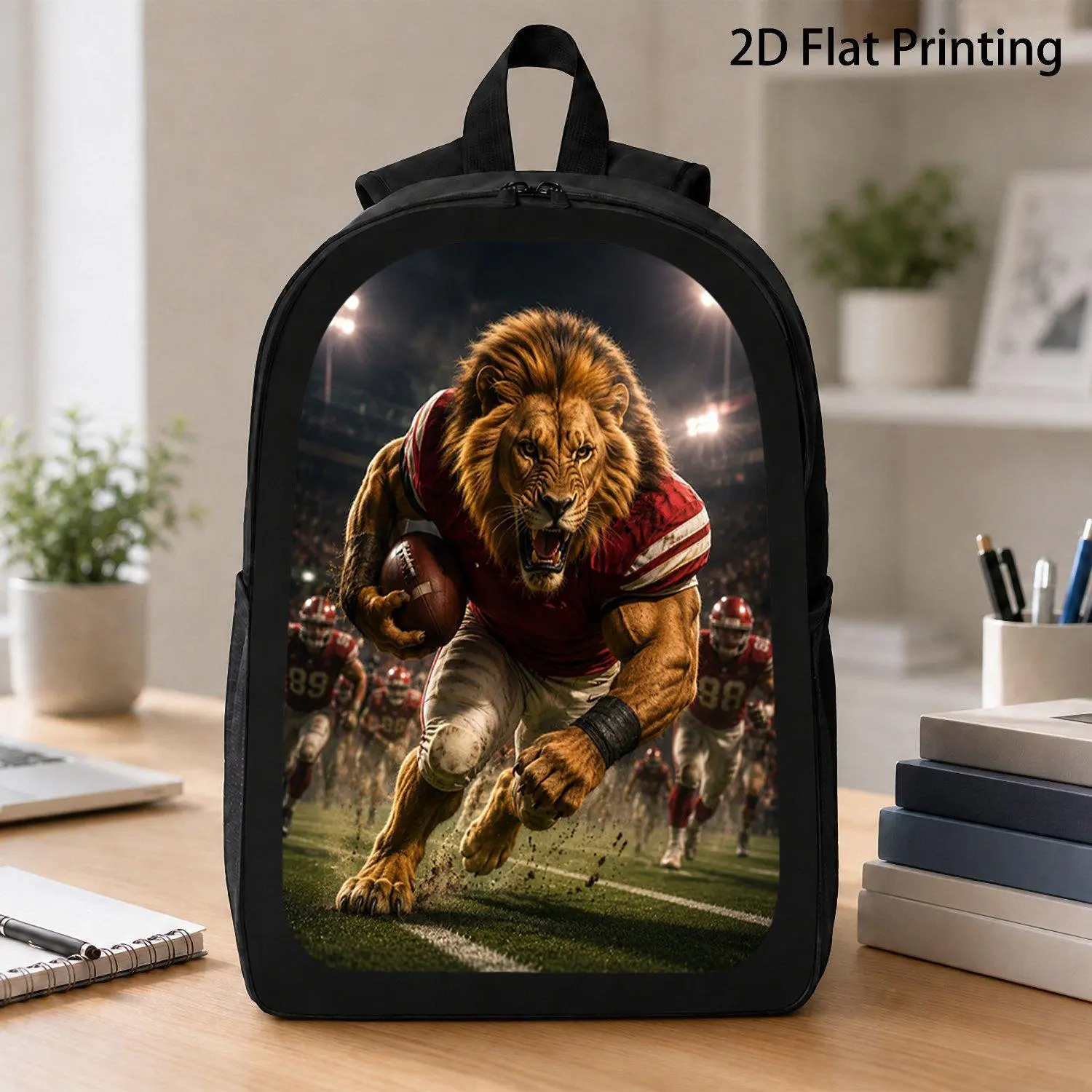 17 Inch Backpack 1pc Powerful Lion Athlete Sprinting On Night Game Field Wild Animal Print Trendy Sports Backpack For Teens Casual Campus Travel Use