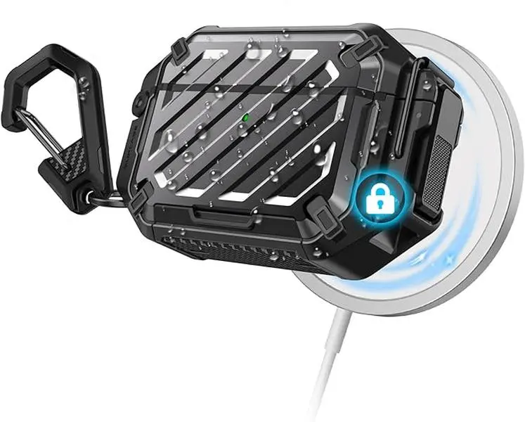 SUPCASE AirPods Pro 3 Audio Device Case with Lock, Carabiner Clip, Rubber-Enhanced IP68 Waterproof Military-Grade Protection, Anti-Scratch Hard Shell Cover, Supports Wireless Charging, Cable-Compatible Design