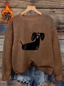 Women's Fall Winter Round Neck Long Sleeve Fitted Faux Fur Top, Plush Warm Soft Skin-Friendly, Cute Sausage Dog Print, Casual Daily Wear