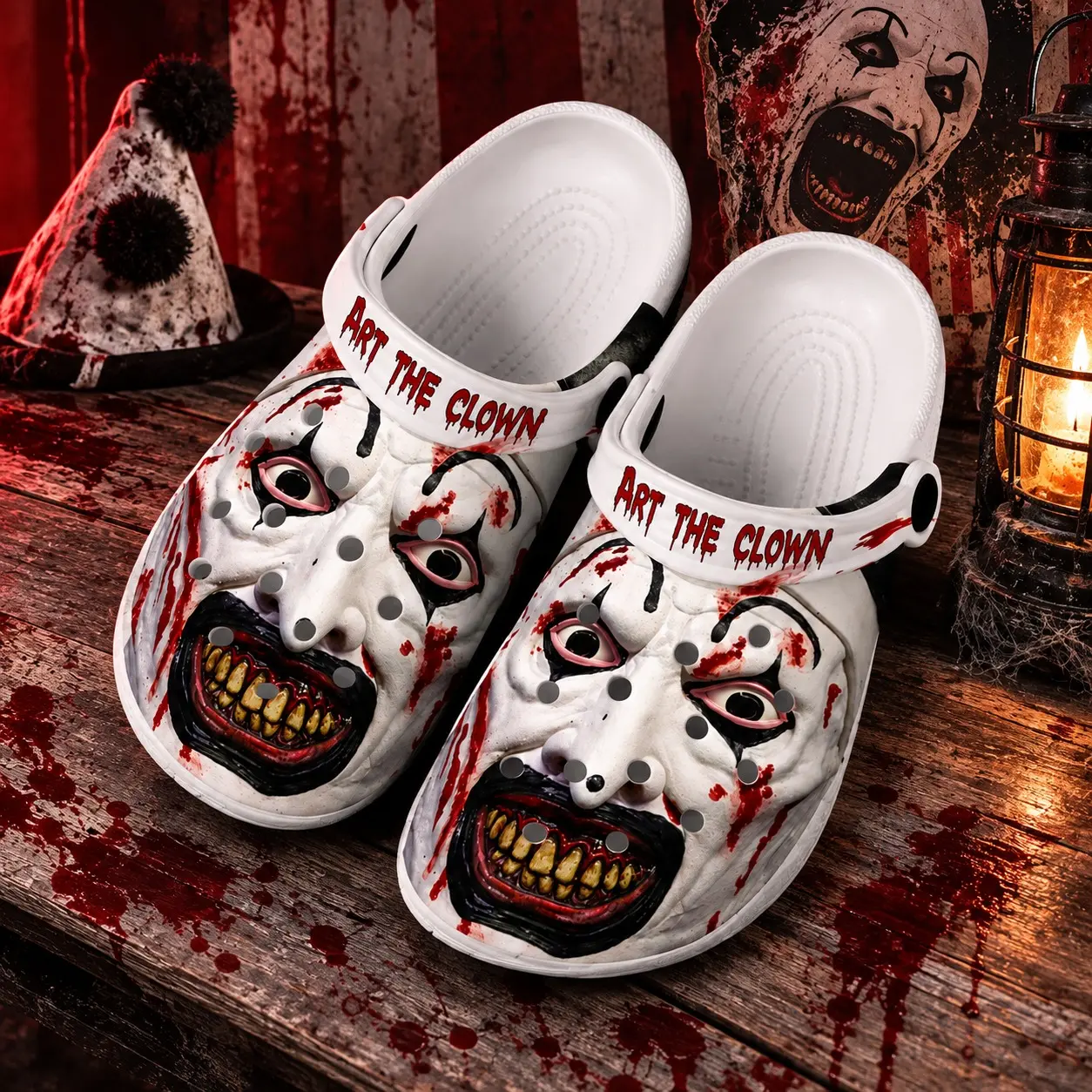 Art the Clown Horror Clogs, Spooky Slip On Shoes with Adjustable Back Strap