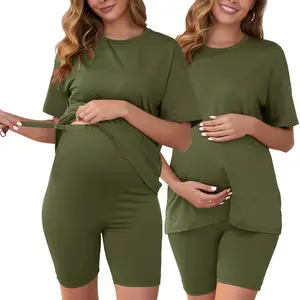 INSPIRE CHIC Women's Maternity Sets 2 Piece Pajamas Short Sleeve T-shirt and Shorts Set Maternity Loungewear