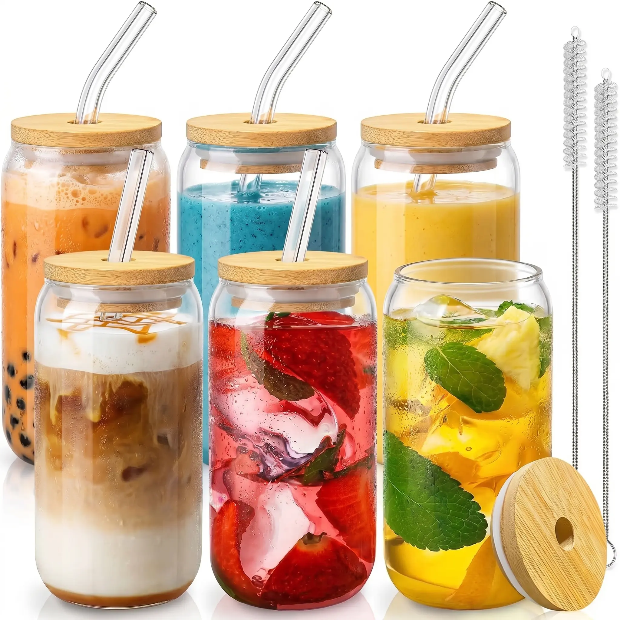 12 Pack Large Capacity Can Shaped Glass Cups Leak Proof Bamboo Lids Glass Straw Cleaner Creative Diy Decor Stickers