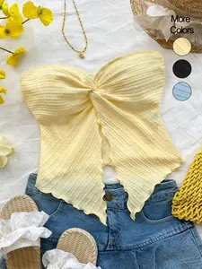 Women's Solid Textured Twist Front Tube Top, Casual Elegant Sleeveless Ruffle Trim Crop Top for Summer, Fashion Women's Top for Beach Holiday Vacation, Womenswear