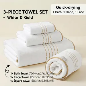 3-Piece Coral Fleece Towel Set with Gold-Trimmed Embroidery: Soft, quick-drying, and highly absorbent, this set is perfect for home, hotels, spas, gyms, and travel. It makes an ideal gift for housewarmings, weddings, Mother’s Day, and Christmas.