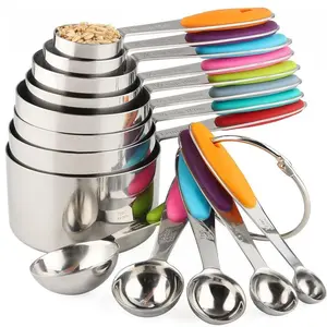 Stainless steel measuring cup and spoon set, including measuring cups, 5/8/13 pieces/set silicone thick handle baking measuring tools, kitchen accessories, food measuring tools, essential kitchen utensils pampered  chef measuring cup