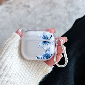 Blue Lily Grace Pattern TPU Soft Protective Case for Apple AirPods 4/3/2/1/Pro/Pro2 Transparent Earphone Cover with Keychain Attachment