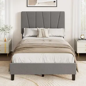 YJ-Garvee Twin Size Bed Frame with Adjustable Headboard, Linen Upholstered Twin Platform Bedframe with Strong Wooden Slats, Mattress Foundation, No Box Spring Needed, Easy Assembly,Grey