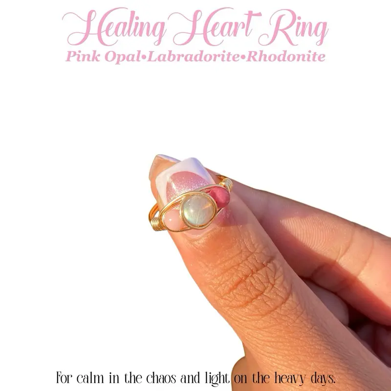 Healing Heart Crystal Ring pink opal rhodonite labradorite for heart break emotional healing self love