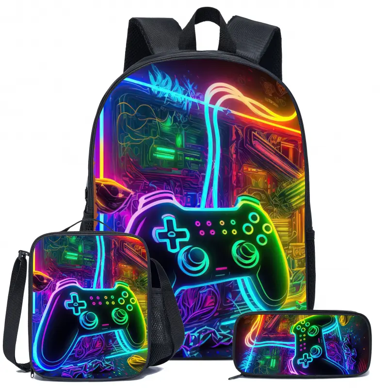3Pcs Neon Multicolor Game Controller Print Backpack Set Durable 600D Oxford Cloth School Bag Insulated Lunch Box & Pencil Case Combo Adjustable Breathable Strap Large Capacity Fits 15in Laptop for Kids Teens School Travel Outdoor Use