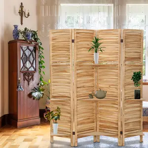 Clearance Closeout! 2-IN-1 Natural Wood 4 Panel Folding Room Divider with Display Storage Shelves, Freestanding Folding Privacy Partition Screen, Space Saving Room Separator for Small Apartment Bedroom Living Room