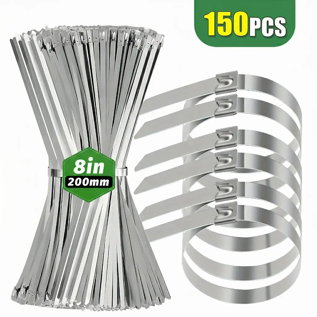 Metal Zip Ties 8Inch 50pcs/100pcs/150pcs, Outdoor 304 Stainless Steel Zip Ties, Heavy Duty Multifunctional Self-locking Cable Ties for Machinery, Exhaust Wrap, Pipes, Cables, Farms, and Chain Link Fence Parts
