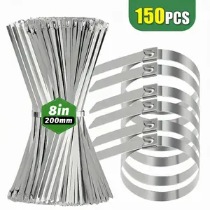 Metal Zip Ties 8Inch 50pcs/100pcs/150pcs, Outdoor 304 Stainless Steel Zip Ties, Heavy Duty Multifunctional Self-locking Cable Ties for Machinery, Exhaust Wrap, Pipes, Cables, Farms, and Chain Link Fence Parts