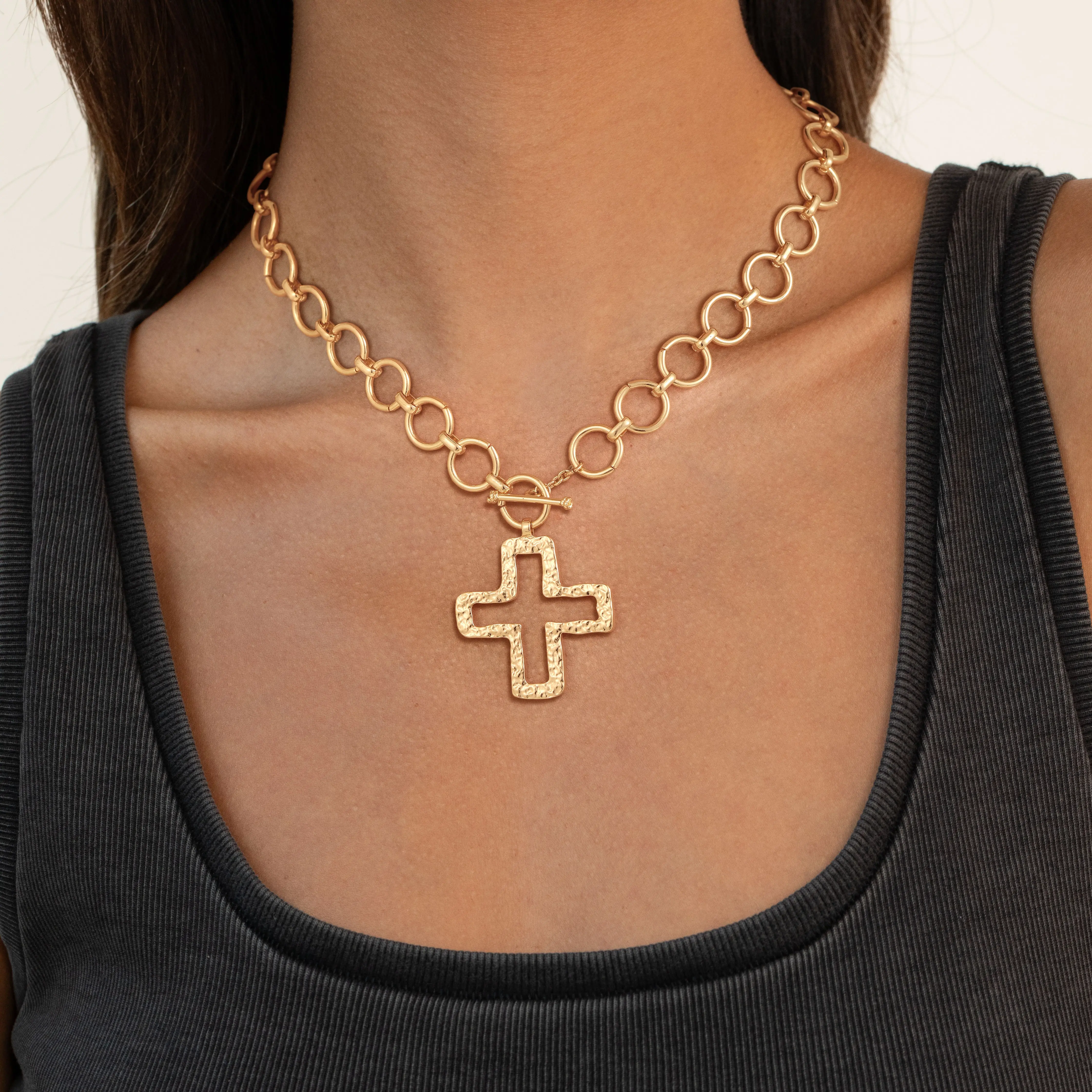 Loyalove Gold Chunky Cross Necklace for Women Statement Cross Pendant Necklace Layered Hammered Bold Cross Necklace Vintage Toggle Clasp Necklace BlackFriday Jewelry Gift