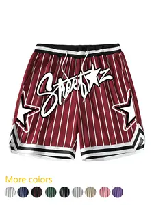 Striped Streetz Loose Basketball Shorts, Graffiti Font + Star Decorations, Breathable Mesh Fabric, Vintage Street Style, Mesh Casual Shorts