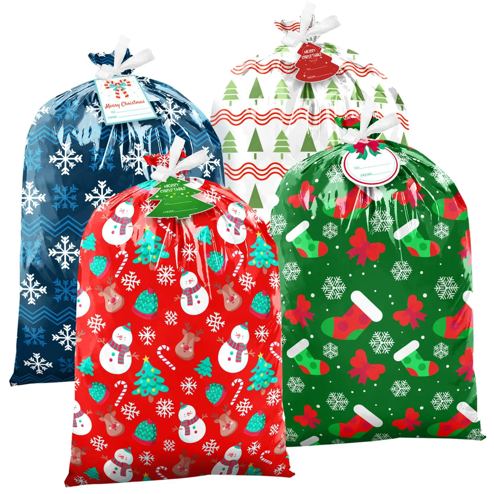 Large Christmas Gift Bags, 4 Pattern Plastic Holiday Bags for Huge Gifts Giant Reusable Present Bags with Card & Tie, New Year Holiday Wrapping, Large Size Bags for Christmas, Birthday Presents