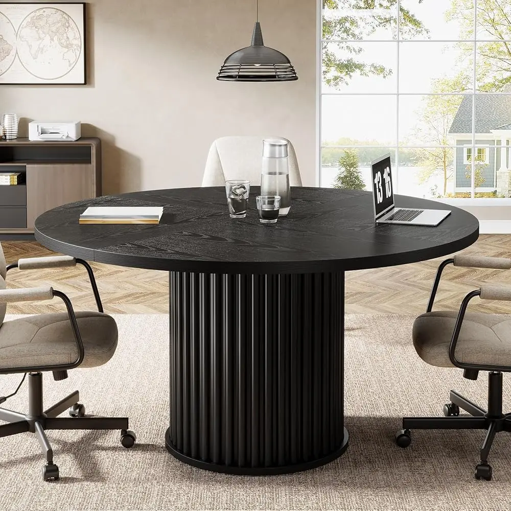 Tribesigns 47-Inch Round Black Table for 4-6 People, Small Office or Conference Room Desk with Sturdy Metal Base