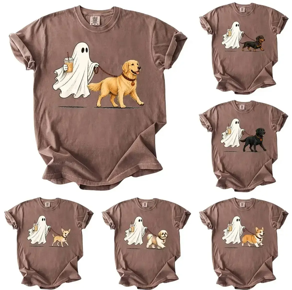 Comfort Colors Custom 50+ Ghost Dog Iced Coffee Halloween T-Shirt, 50+ Dog Breeds Tee, Funny Dog Lover Gift, Spooky Season Fall Shirt, Shoshana Kersey