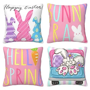 Happy Easter Pillow Cover, Rabbit Pattern Striped Truck Easter Egg Farmhouse Decoration Pillow Cover, Suitable for Home Sofa Decoration (Pink), 4-piece Set with Double sided Printing, Washable Cushion Covers
