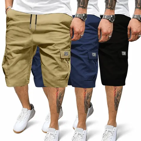 Men’s three-piece shorts set with slant pockets—versatile casual wear suitable for everyday spring and summer wear; his gift, men’s shorts with side pockets.