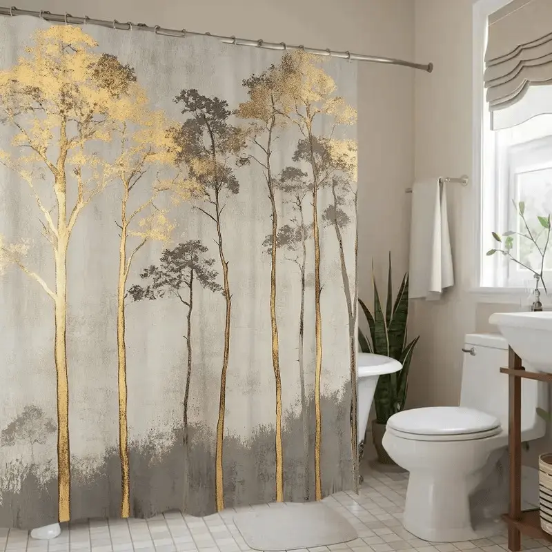 Beige and Gold Leaf Geometric Pattern Polyester Shower Curtain - 1Pc 2D Printed, Straight, Wall Mounted, Wipe Clean, Easy to Clean, with 12 Hooks for Modern Bathrooms
