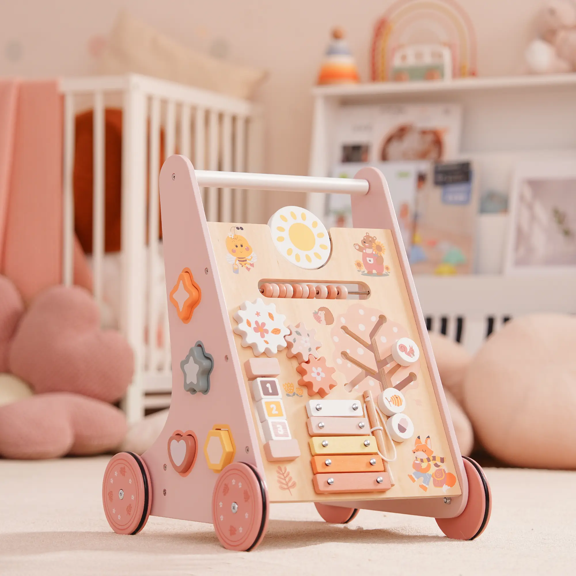 ROBUD Wooden Baby Walker, Baby Push Walker with Activity Center and Storage, Montessori Walker Toy for Boys and Girls Learning to Stand and Walk
