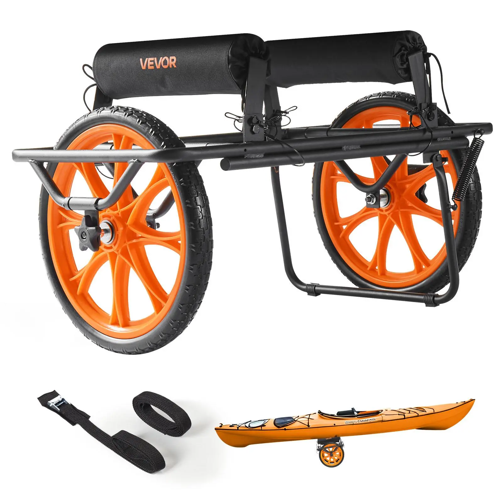 VEVOR Portable Kayak Cart, Universal Carbon Steel Dolly with 330 lbs Capacity, 15-inch Solid Transport Wheels for Paddleboarding & Canoes, Foldable, Compact, Detachable, 4Strap Boat Hold, Smooth Ride, Canoeing, High Load Capacity