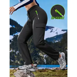 Women's multi pocket zipper workwear straight leg casual pants Drawstring elastic waist outdoor fitness pants Multi colored versatile functional straight leg pants for daily commuting