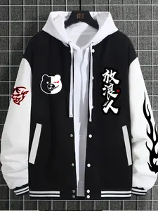 Men's Casual Sporty Letter Print Bear Patch Baseball Jacket, Fitted Geometric Pattern, All Seasons, Versatile Net Version