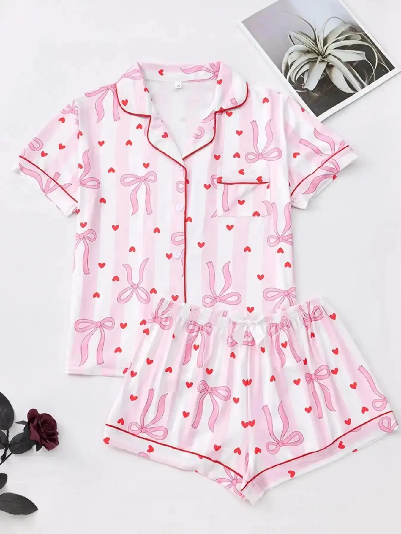 Valentine's Day Bowknot Heart Print Cute Pajama Set, Soft Silk Satin Short Sleeve Sleepwear, Women's Comfortable Fitted Nightwear for Home Relaxation, Loungewear, Pjs, Lady, Pyjamas, All Wear, Bedtime Essential, vacation essential