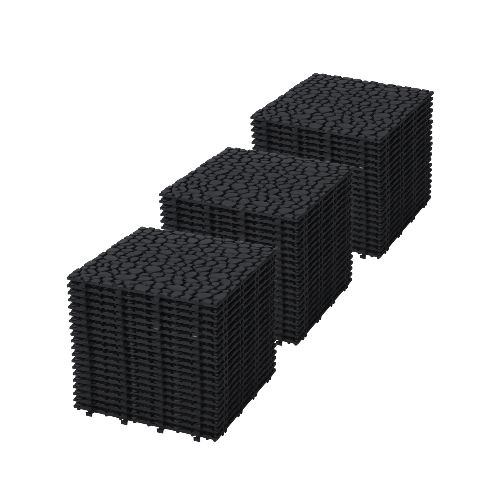 12x12 In Black Plastic Interlocking Flooring Tiles - Waterproof, Anti-Slip, All-Weather, 440 LBS Weight Capacity, Pebble Stone Pattern, Pack of 60 for Outdoor Balcony, Bathroom Shower