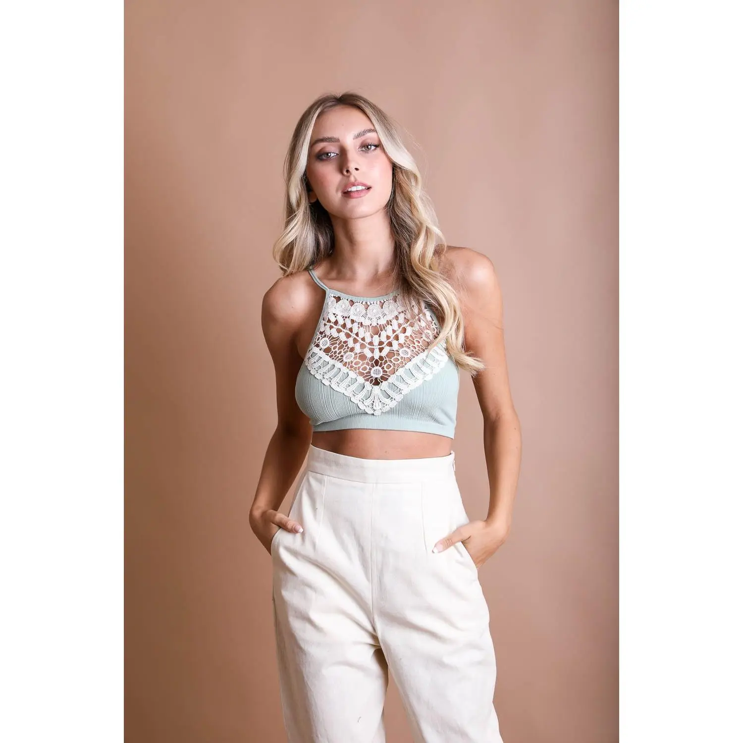Women's Crochet Lace High Neck Halter Bralette with Cross-Back