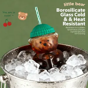 Glass Cup Cartoon Bear, Creative Glass Cup with Reusable Straw, Teddy Bear Water Cup, Pop Animal Design, Perfect for Ice Shakes, Soda, Milk Tea, Glass Drinking Cup, Drinkware