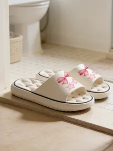 1 Pair Pink Bow Star Themed Printed Hollow Massage Thick Sole Slippers, Sweet Girl Style, Non-slip Soft Sole, Quick-dry for Bathroom, Indoor & Outdoor Dual-use, Open Toe Slides, Bathroom Casual Slippers, Soft Cushioned Slippers