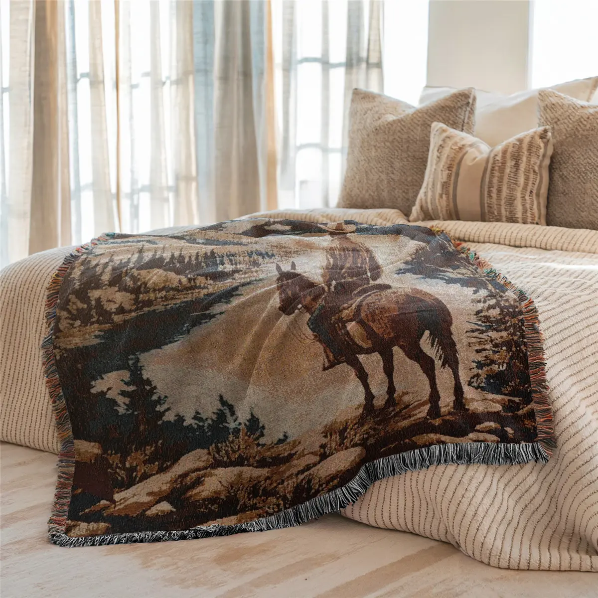 Multi-Function Tassel Soft Woven Blanket, Home Decor Blankets - Western Cowboy Pattern Bed Blanket, Also for Sofa Cover Couch Throw Blanket Armchair Home Decor Tablecloth Outdoor Picnic Camping Beach Towel Office Nap