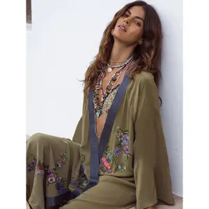 Embroidered Floral Pattern Olive Green Kimono, Long Sleeve Vintage Beach Cover-Up Shirt, Women's Swimwear and Clothing