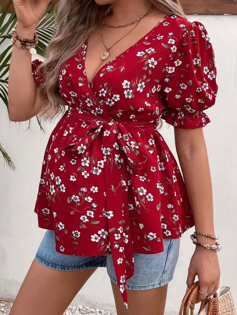 Maternity Floral Blouse - Ditsy Print Puff Sleeve Belted Top for Pregnant Women