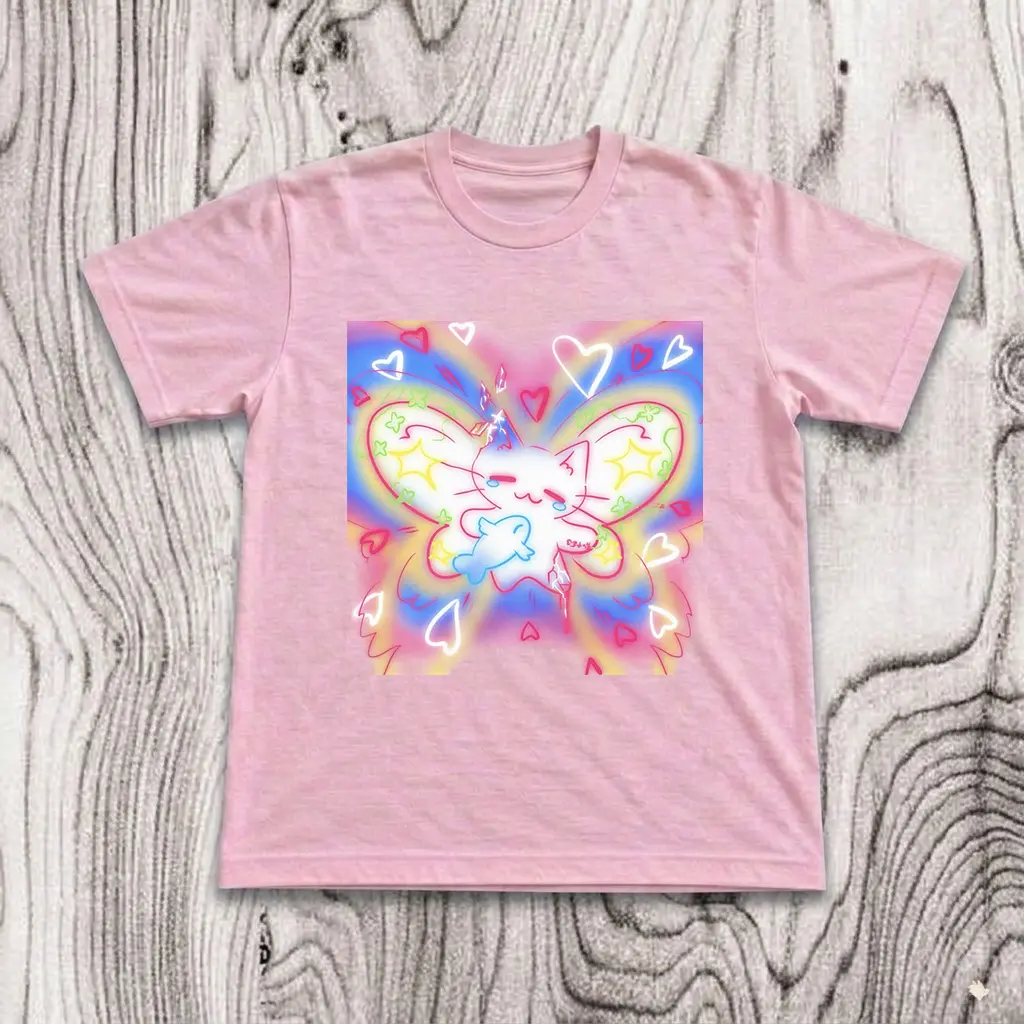 Kawaii Butterfly Fairy Cat T-Shirt, Pastel Neon Rainbow Pink Graphic Tee, Cute Kitty Holding Fish Airbrush Hearts, Aesthetic Y2K Fairycore Gift Unisex Top