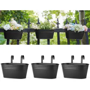 Metal Iron Hanging Flower Pots for Railing Fence Hanging Bucket Pots Countryside Style Window Flower  Holder with Detachable Hooks Home Decor,Black,3 Pcs